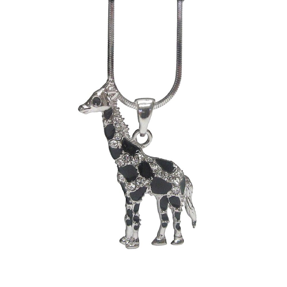 Giraffe Pendant Silver Faux Diamond and Black Stone Necklace